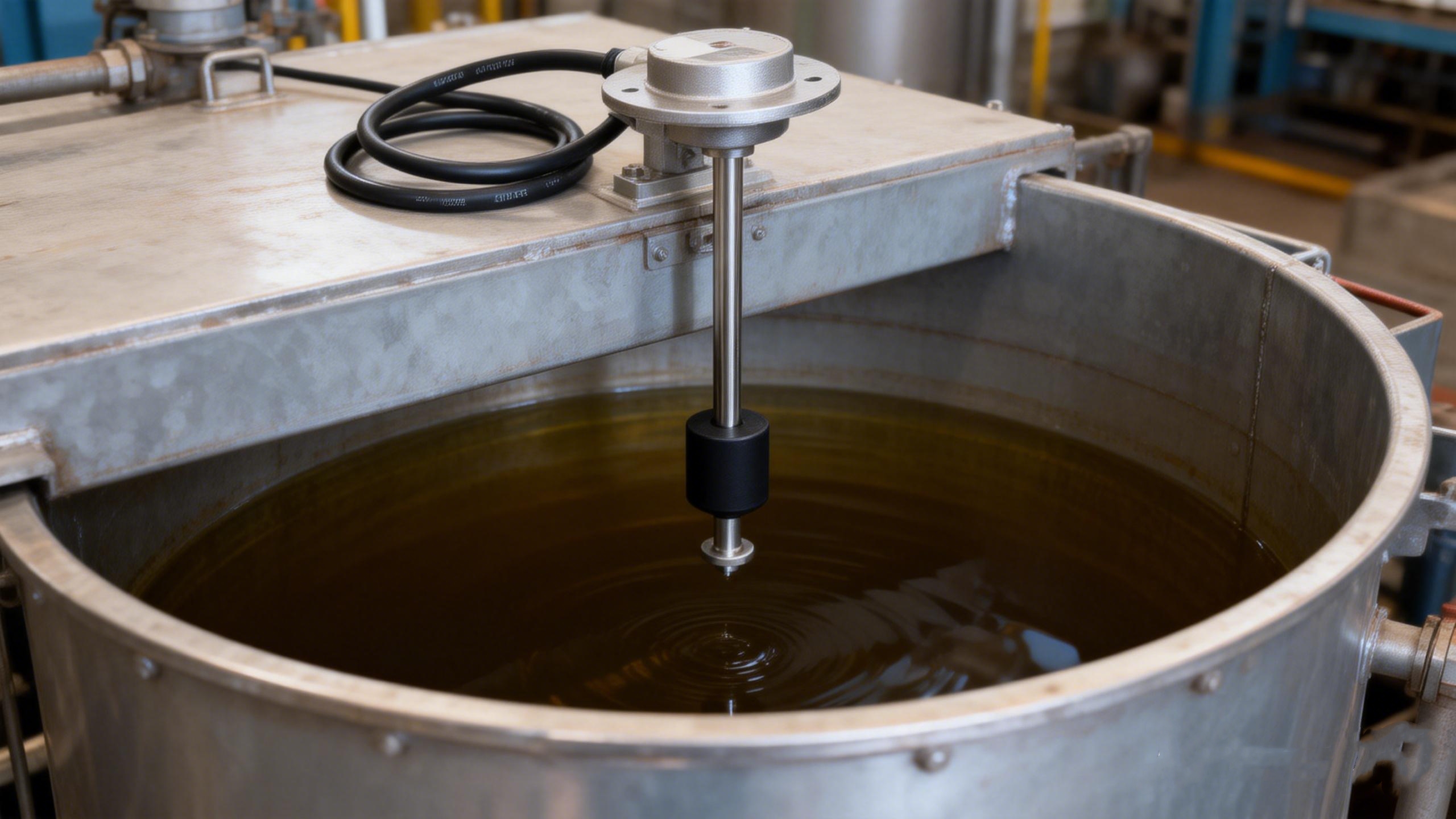 jimeng-2026-01-06-9078-参考搜索到的工业设备实物图风格，液位传感器安装在油箱上的实物照片效果，传感器自上...